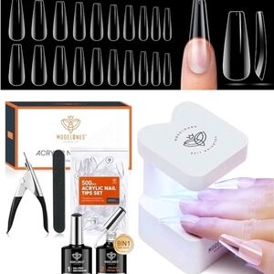 Gel Nail Kit, Nail Tips and Glue Gel Kit with 9-In-1 Glue, 500Pcs Long Coffin